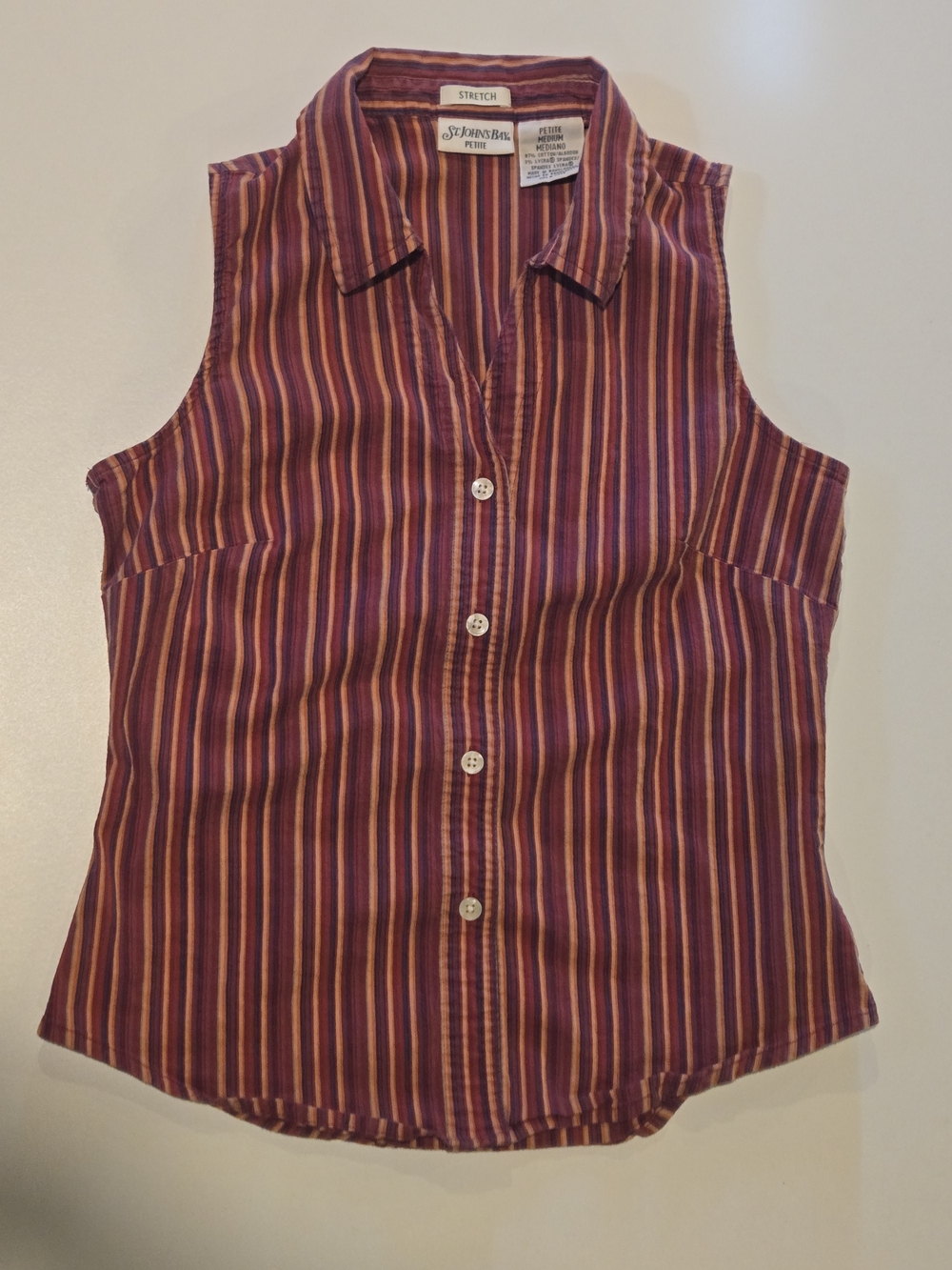 St. John's Bay Ladies Sleeveless Striped Button-Down Top - Maroon, Blue, Orange